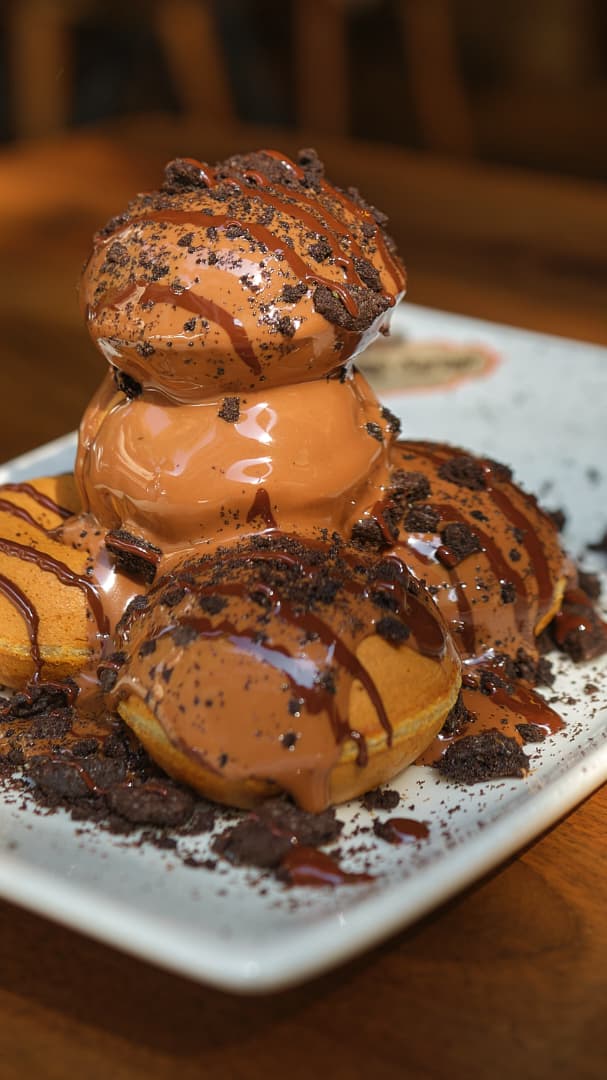 Chocolate profiterole and waffle dessert